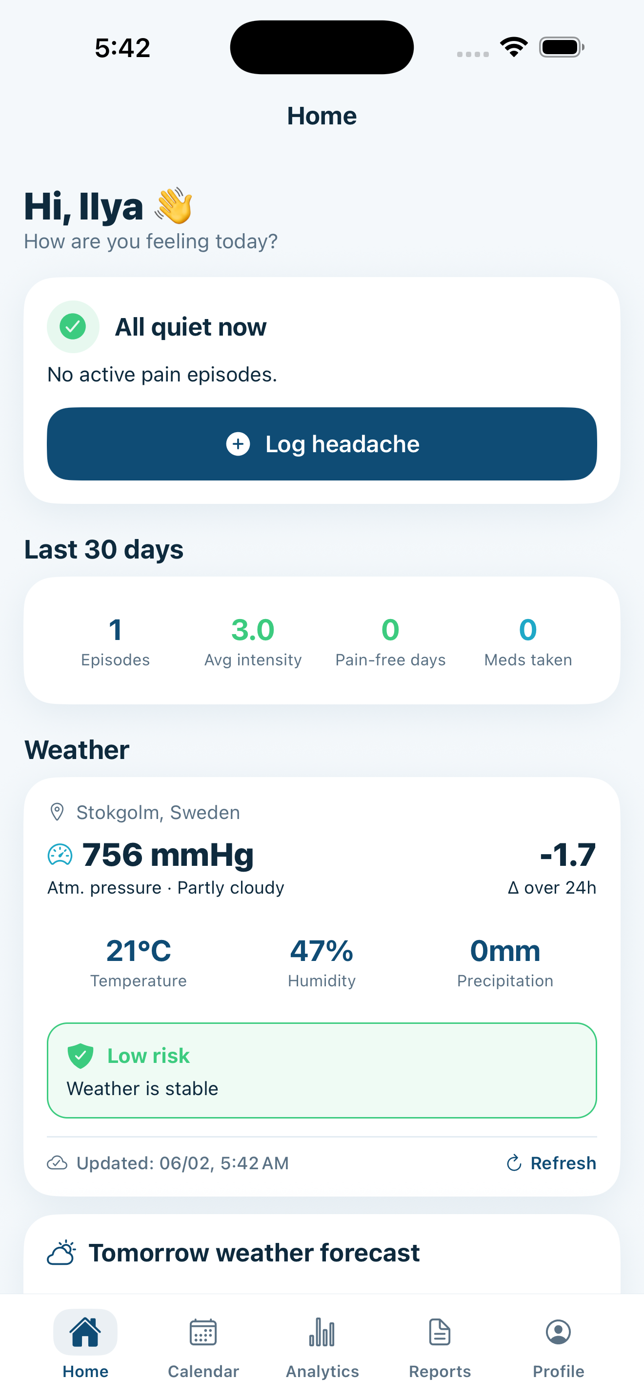 NeuroWeather home screen on iPhone